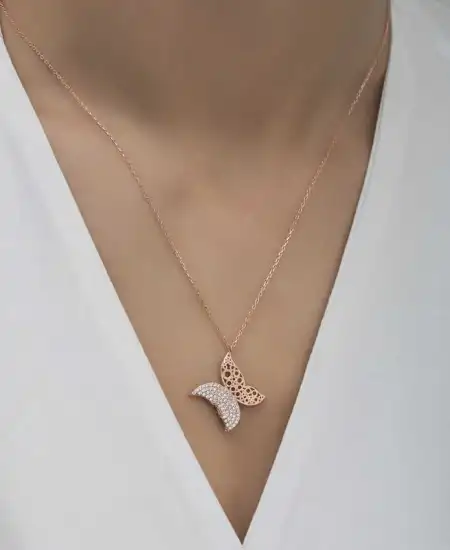 Gümüş Rose Kelebek Kadın Kolye