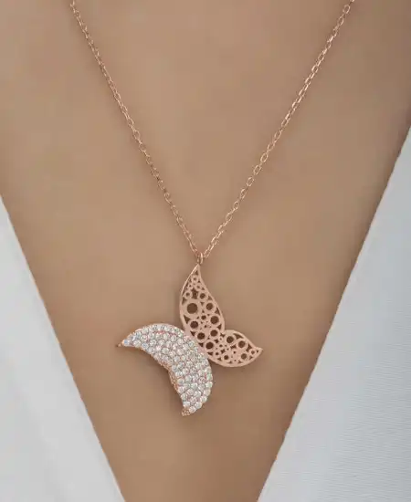 Gümüş Rose Kelebek Kadın Kolye