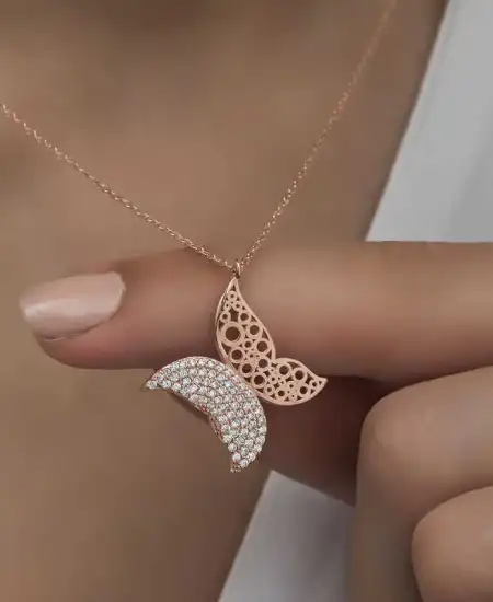 Gümüş Rose Kelebek Kadın Kolye