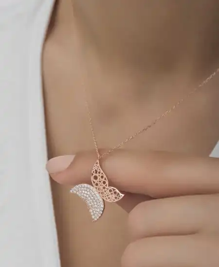 Gümüş Rose Kelebek Kadın Kolye