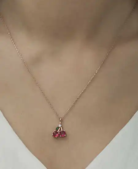 Gümüş Rose Kiraz Figürlü Meyve Kolye