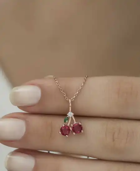 Gümüş Rose Kiraz Figürlü Meyve Kolye