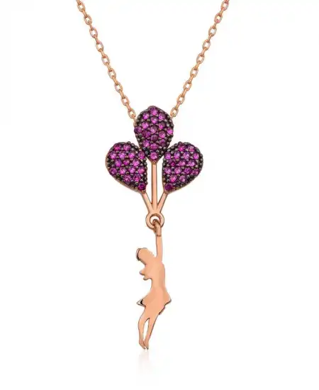 Gümüş Rose Kırmızı Balonlu Kız Kolye