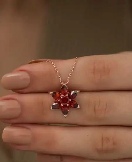 Gümüş Rose Kırmızı Çiçek Kolye
