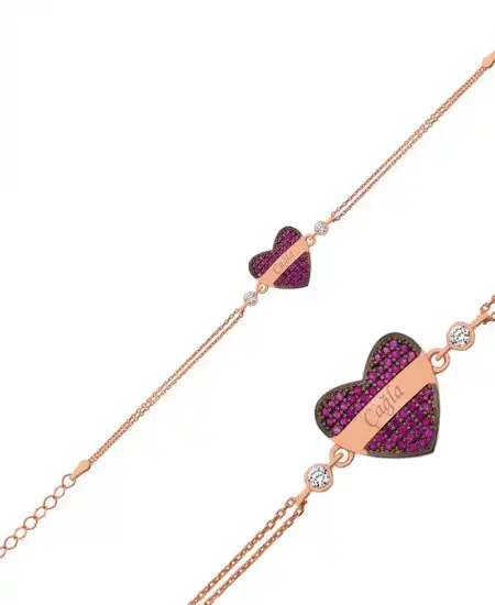 Gümüş Rose Kırmızı Kalp İsimli Bayan Bileklik