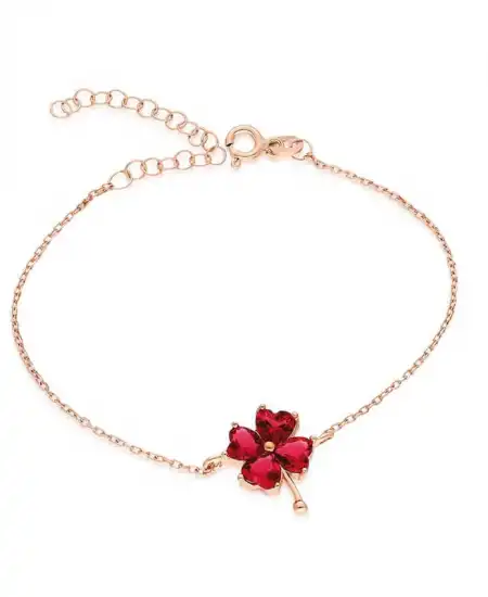 Gümüş Rose Kırmızı Kalpli Yonca Bayan Bileklik
