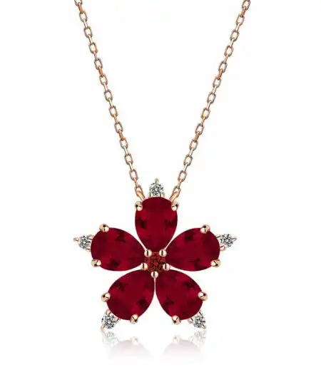 Gümüş Rose Kırmızı Kamelya Çiçeği Kolye