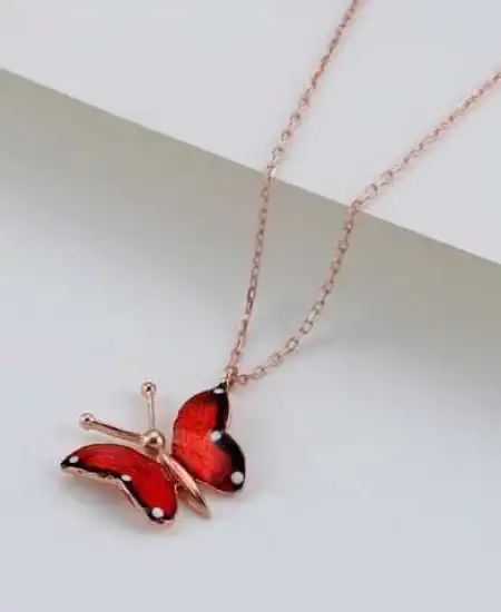 Gümüş Rose Kırmızı Kelebek Kolye
