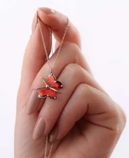 Gümüş Rose Kırmızı Kelebek Kolye