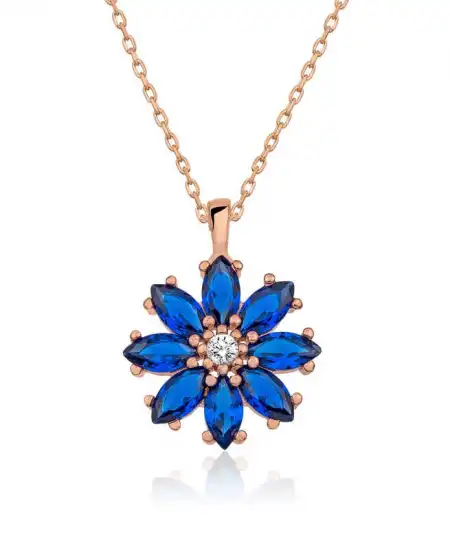 Gümüş Rose Lacivert Çiçek Kolye