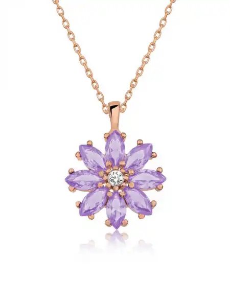 Gümüş Rose Lila Çiçek Kolye