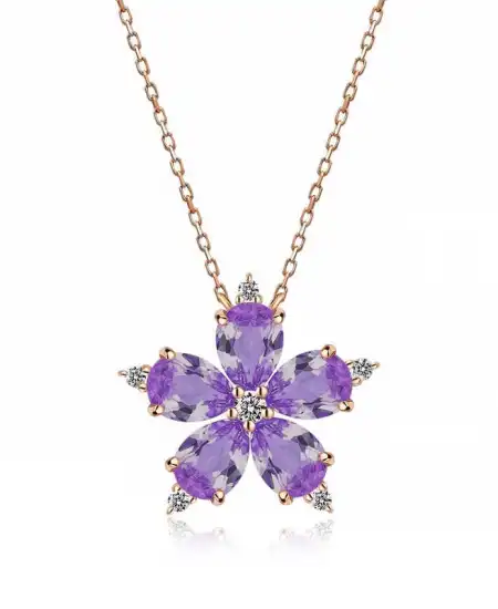 Gümüş Rose Lila Kamelya Çiçeği Kolye