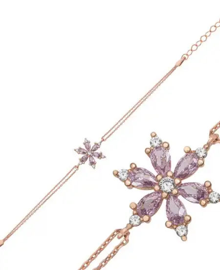 Gümüş Rose Lila Lotus Çiçeği Kadın Bileklik