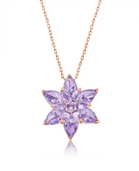 Gümüş Rose Lila Lotus Çiçeği Kolye