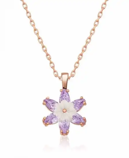 Gümüş Rose Lila Lotus Çiçeği Kolye
