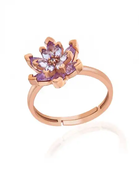 Gümüş Rose Lila Taşlı Lotus Çiçeği Kadın Yüzük