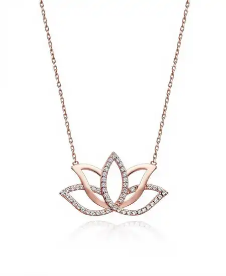 Gümüş Rose Lotus Çiçeği Kolye