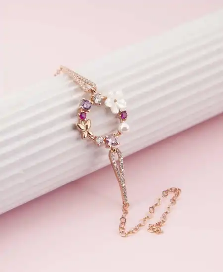 Gümüş Rose Manolya Çiçeği Kelebek Kadın Bileklik