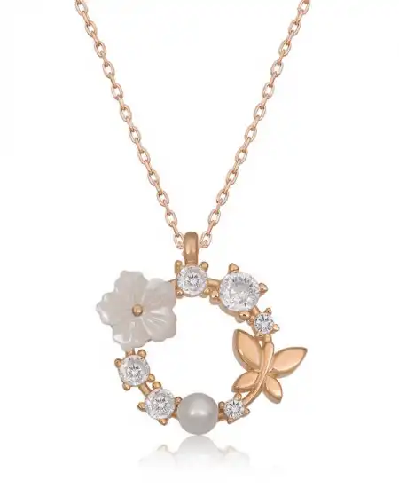 Gümüş Rose Manolya Çiçeği Kelebek Kadın Kolye