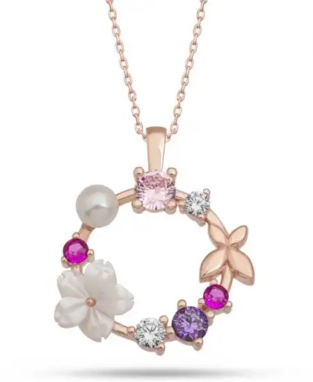 Gümüş Rose Manolya Çiçeği Kelebek Kadın Kolye