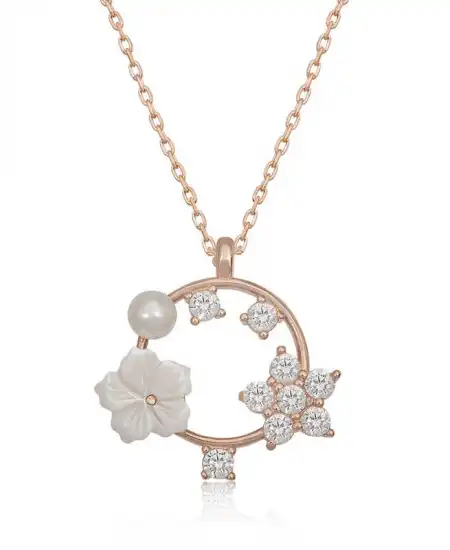 Gümüş Rose Manolya Çiçeği Yıldız Kadın Kolye