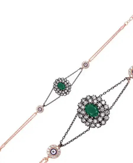 Gümüş Rose Mat Yeşil Taşlı Otantik Bayan Bileklik