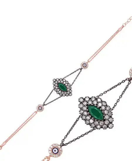 Gümüş Rose Mat Yeşil Taşlı Otantik Bileklik