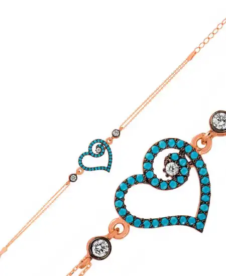 Gümüş Rose Mavi Kalpli Bayan Bileklik