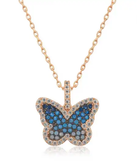 Gümüş Rose Mavi Kelebek Bayan Kolye