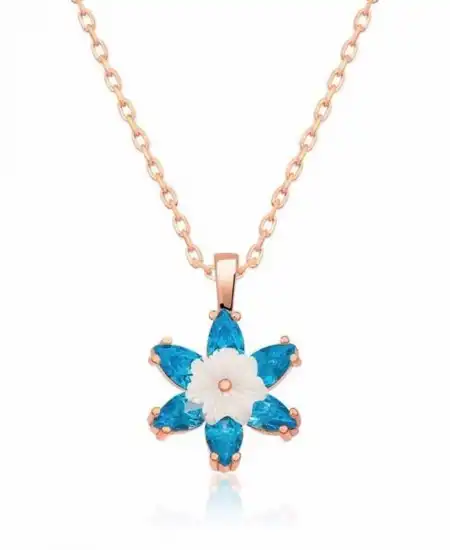 Gümüş Rose Mavi Lotus Çiçeği Kolye