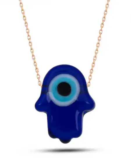 Gümüş Rose Mavi Nazarlı Cam Fatma Ana Eli Kadın Kolye