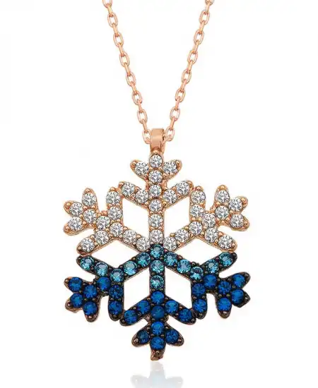 Gümüş Rose Mavi Taşlı Kar Tanesi Kolye