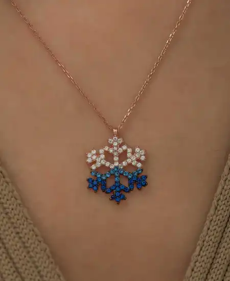 Gümüş Rose Mavi Taşlı Kar Tanesi Kolye