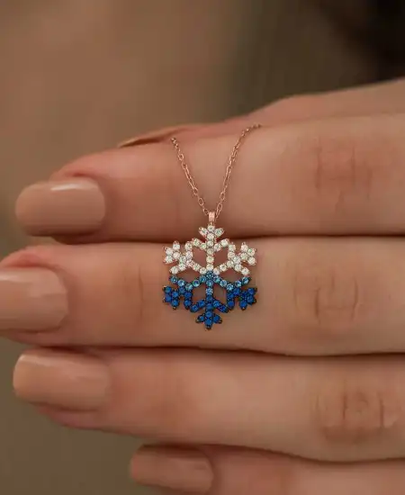 Gümüş Rose Mavi Taşlı Kar Tanesi Kolye