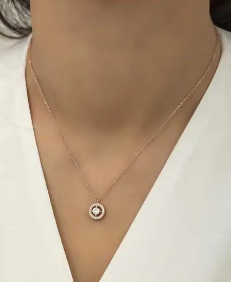 Gümüş Rose Minimal Yuvarlak Tektaş Bayan Kolye