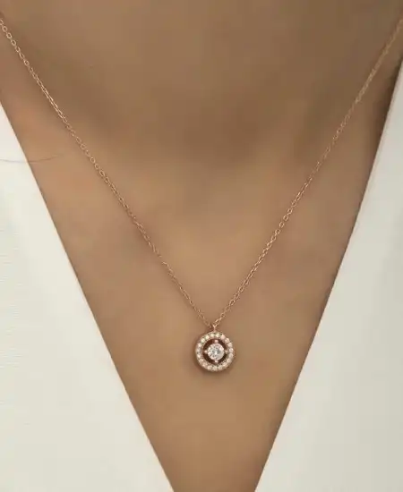 Gümüş Rose Minimal Yuvarlak Tektaş Bayan Kolye