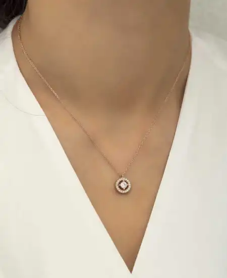 Gümüş Rose Minimal Yuvarlak Tektaş Bayan Kolye