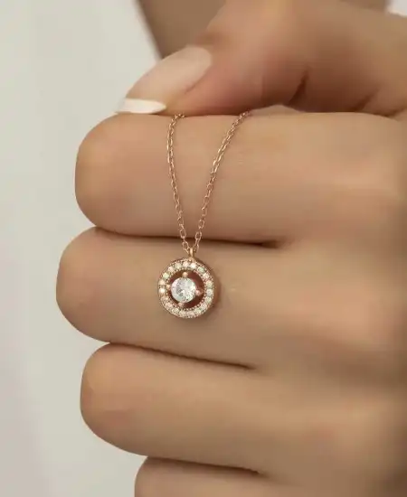 Gümüş Rose Minimal Yuvarlak Tektaş Bayan Kolye