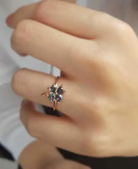 Gümüş Rose Mistik Topaz Yonca Bayan Yüzük