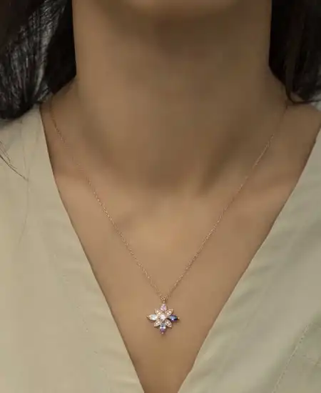 Gümüş Rose Mix Taşlı Umut Çiçeği Kolye