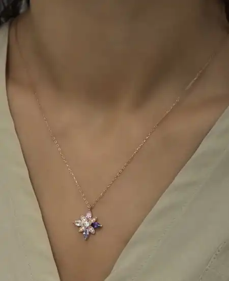 Gümüş Rose Mix Taşlı Umut Çiçeği Kolye