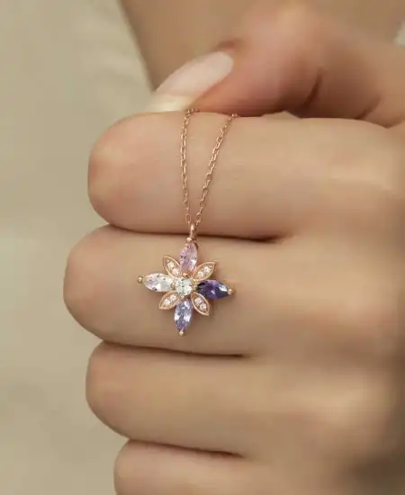 Gümüş Rose Mix Taşlı Umut Çiçeği Kolye
