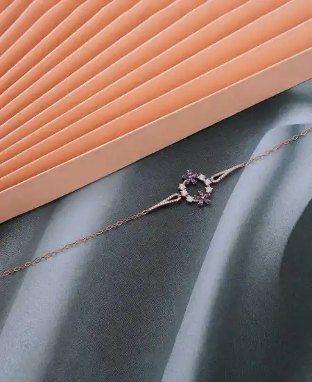 Gümüş Rose Mor Çiçek Kadın Bileklik