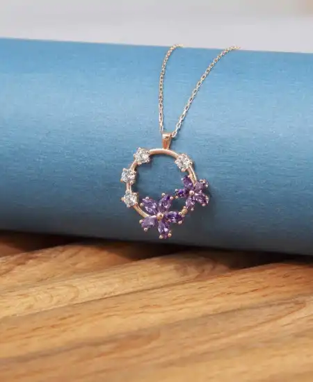 Gümüş Rose Mor Çiçek Kadın Kolye