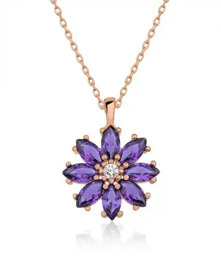 Gümüş Rose Mor Çiçek Kolye