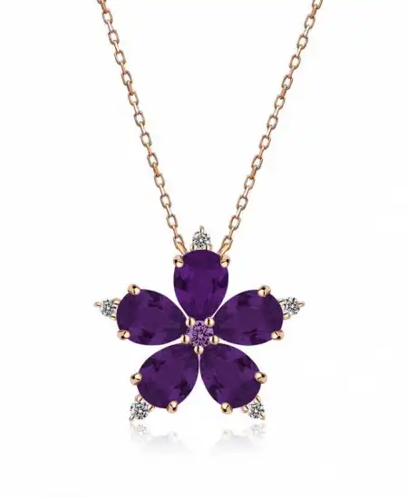 Gümüş Rose Mor Kamelya Çiçeği Kolye