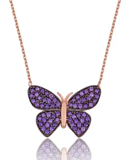 Gümüş Rose Mor Kelebek Bayan Kolye