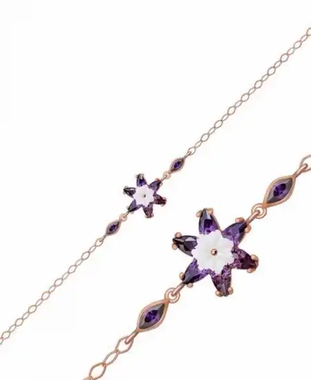 Gümüş Rose Mor Lotus Çiçeği Bileklik