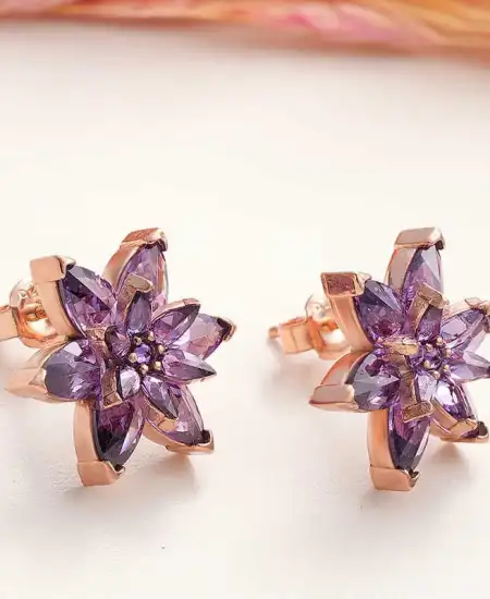 Gümüş Rose Mor Lotus Çiçeği Çivili Kadın Küpe