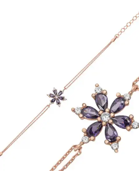 Gümüş Rose Mor Lotus Çiçeği Kadın Bileklik
